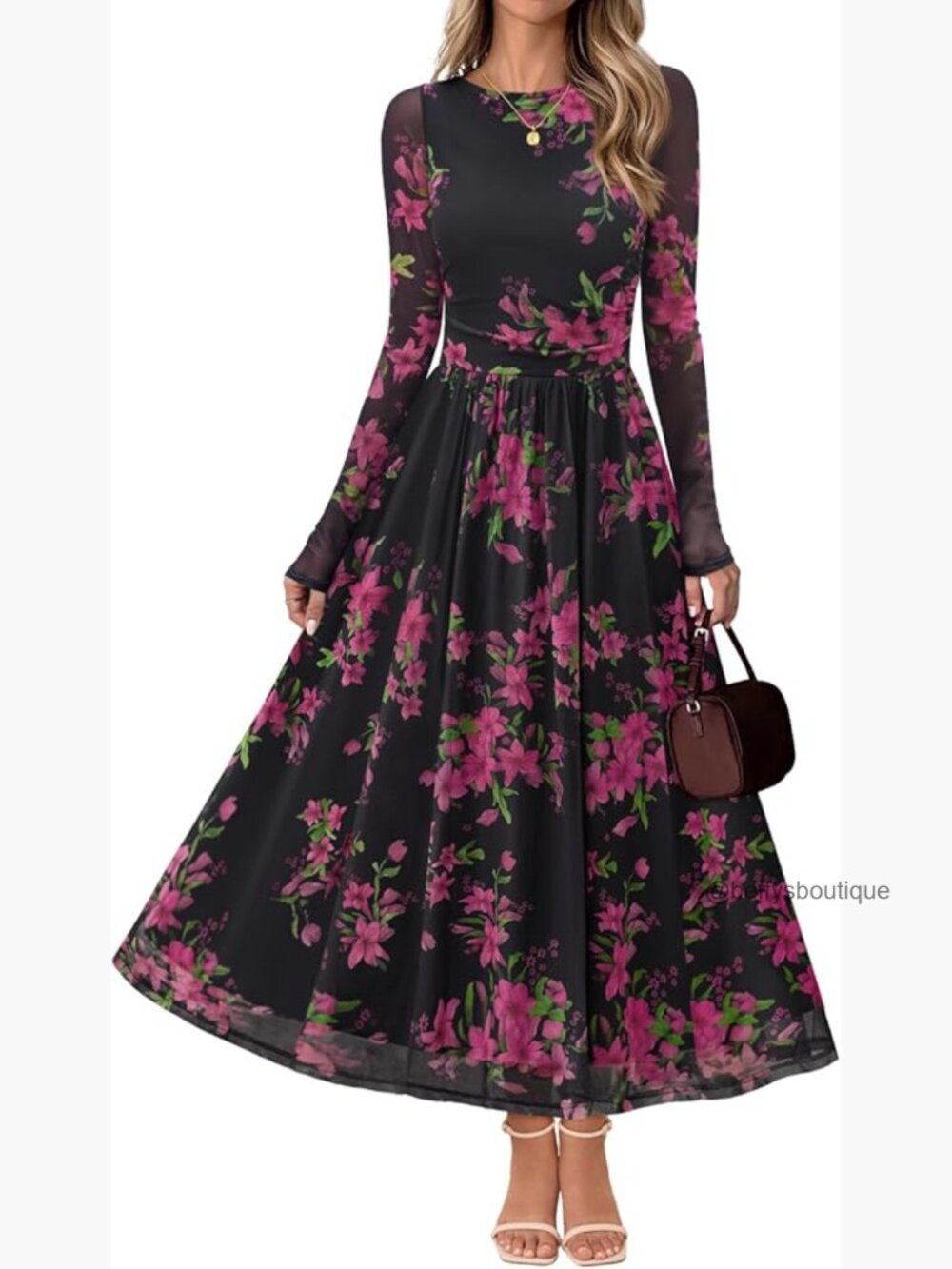 Floral Long Sleeve Maxi Dress Crewneck Flow Fit and Flare Spring Wedding Guest